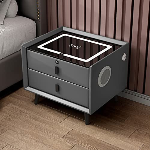 Led Modern Nightstand 2 Drawers Bedside Table with Charging Station, Side Night Stand End Side Table with Usb Port, Fingerprint Lock, Bluetooth Speaker, Bed side Cabinets for Bedroom