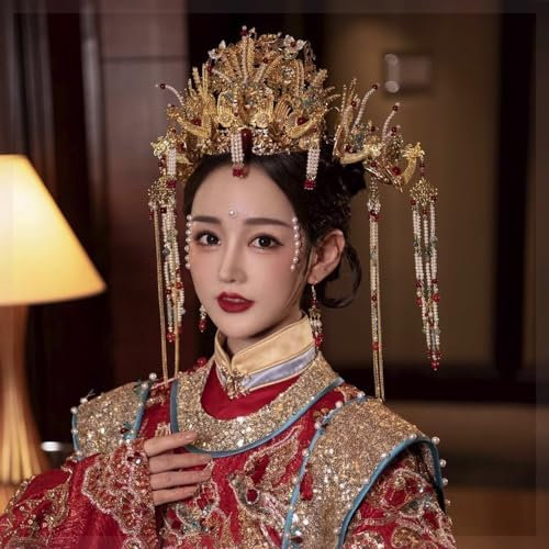 Getrelax Chinesische Hochzeit Braut Haarschmuck - Goldene Blume Floral Perlen Flapper Stirnband Jeweled Braut Tiara (Phoenix)