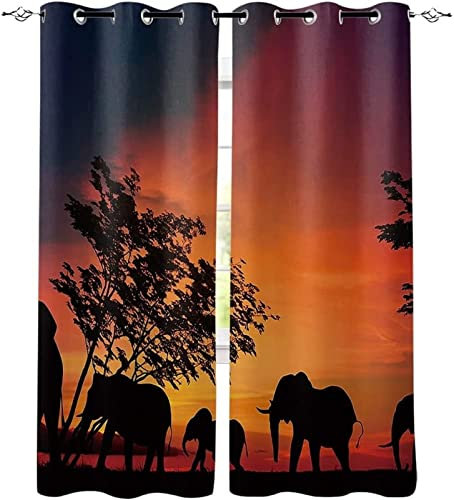 POKENE Elefant Vorhang Blickdicht Gardinen mit Ösen Silhouette 3D Druck Afrika Blickdichte Vorhänge Vorhang Verdunkelung Wärmeisolierend Wohnzimmer Schlafzimmer 2 Stück 117x138 cm (BxH)