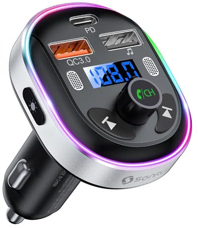 SONRU Bluetooth 5.3 Car Adapter 48W (PD 30W & QC 3.0 18W),FM Bluetooth Transmitter, Wireless Car Radio [Dual Mics] [Metal Shell] [7 Color Mood Light] & Fast Car Charger,Hands-Free Calling,U Disk