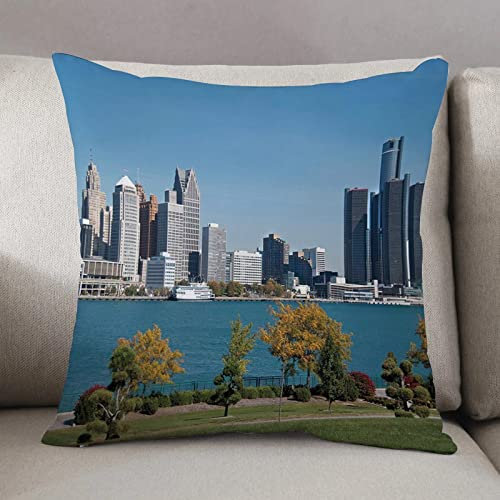 Kissenbezug 50 x 50 cm,Detroit Decor, Industrial City Center Küstenlinie Fluss Landschaftspanorama,Dekor Kissenhülle Kissenbezüge mit Verstecktem Reißverschluss, Couchkissen,Sofakissen Kopfkissenbezug
