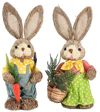 Stehende Osterhasen-Figuren, 2er-Set, Niedliche Rustikale Osterhasen-Statue aus Gewebtem Stroh, Osterhasen-Puppen-Desktop-Dekoration für Ostern, Heimbüro, Feiertagsdekoration(#1)