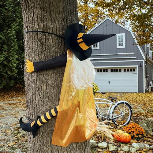 Giiffu Halloween Deko, 135CM Hexe, Abstürzende in Baum, Perfekt für Kinder Party, Innen/Außen, Garten, Baumstämme, Säulen, Spukhaus Hof Decoration, schwarz+orange, (AI-136)