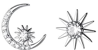 Reffeer Massive 925 Sterling Silber CZ Mond Stern Ohrringe Ohrstecker für Damen Ohrringe Mond Sonne Ohrstecker Asymmetrisch (A-Silber)