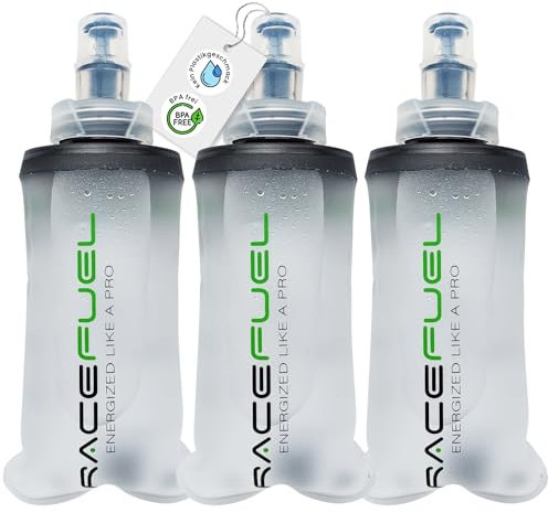 RACEPACE RaceFuel faltbare 150ml Trinkflasche Gelflasche, Soft Flask BPA-frei, mit RaceFuel Energy Gel Rezept QR-Code, perfekt zum Laufen, Marathon, Triathlon und Radfahren (3 Stück, 150ml)