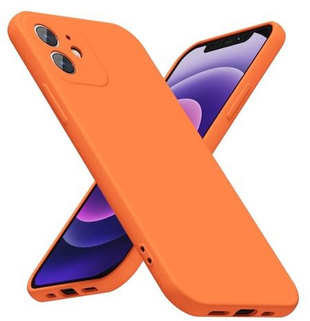 LoeoeL for iPhone 12 Mini Phone Case Silicone, Minimalist Ultra Thin Slim Soft Rubber Gel Solid Color Matte TPU Cute Case for Women Men, Girly Plain Aesthetic Design & Camera Cover, Neon Orange
