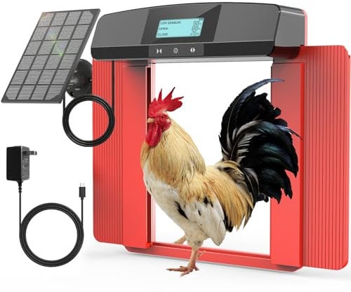 Automatic Chicken Coop Door Solar Chicken Automatic Door Opener, Programmable Light & Timer Sensor, Automatic Door for Chicken Coop with Solar Panel Battery Powered LCD Screen, Weatherproof