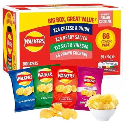 Assorted Flavour Potato Crisps Multipack - Snack Box of 66 x 25g Assorted Classic Crisps + 6 EXTRA 25g Bags, 3 x Chicken & 3 x Tomato. Giant Box of Potato Snacks for Birthday Party, Pub Snacks