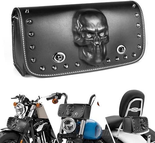 Quixofiber Lenkertasche Motorrad Wasserdicht, Gepäckrolle Motorrad Tasche mit 3D Totenkopf, Sissybar Tasche PU Leder, Satteltaschen für Motorrad mit 2 Verstellbaren Riemen (Schwarz)
