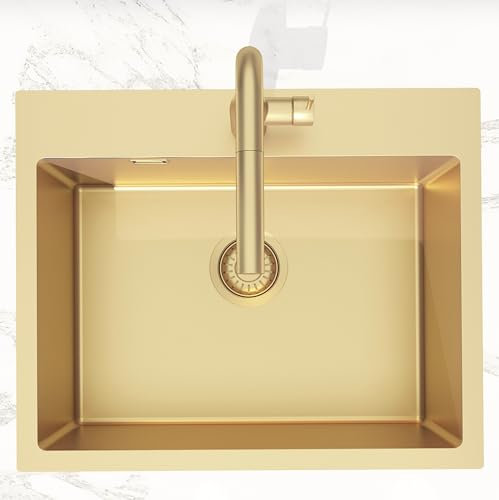 Swiss Aqua Technologies | Timeless Fregadero de cocina empotrable en acero inoxidable 304 | 1 bandeja | Medidas 55x45x21 cm | Acabado oro cepillado PVD | Resistente a las manchas y a la corrosión |