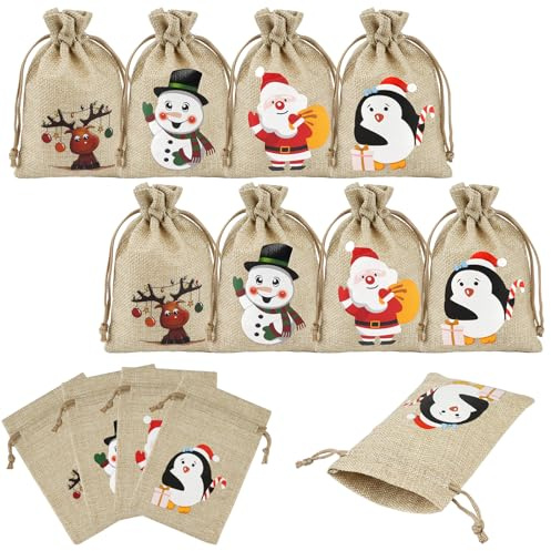 Weihnachten Jutesäckchen mit Kordelzug, 12Pcs 10x15cm Säckchen zum Befüllen | Leinensäckchen Kleine Jutebeutel, Sackleinen Taschen Geschenktüten für Hochzeit, Party, Schmuckbeutel