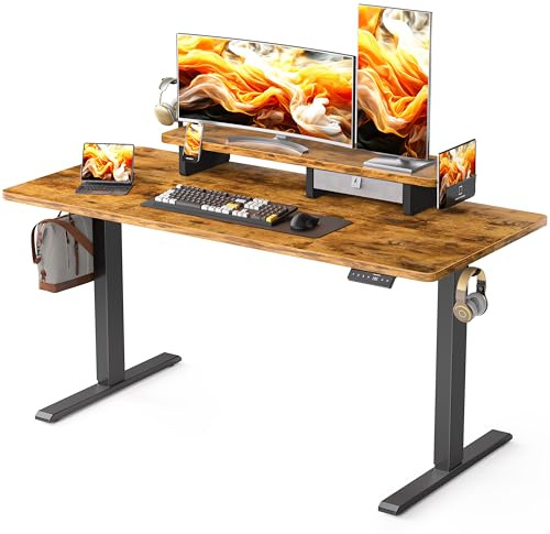 WALKINGDESK Höhenverstellbarer Schreibtisch Elektrisch mit Schubladen, 140 x 60 cm Stehpult mit Monitorständer und Handyhalter, Standing Desk für Home Office Büro, 3 Haken, Rustikales Braun
