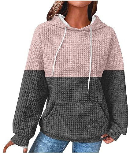 KOG Waffel Hoodie Damen Baumwolle Hooded Sweatshirt Mode Motiv Hoodies Warm Kleidung Frauen Sweatshirt mit Kapuze Casual Oberteil Winter Basic Lose Kapuzenpullover Prime Rosa XXL