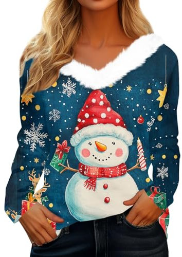 Weihnachtspulli Damen, Pailletten Leuchtende Lustige Weihnachtsmotiv Ugly Christmas Sweater, Lang Langarm Weihnachtspullover Damen Baumwolle Party Blusen s e, Blau M