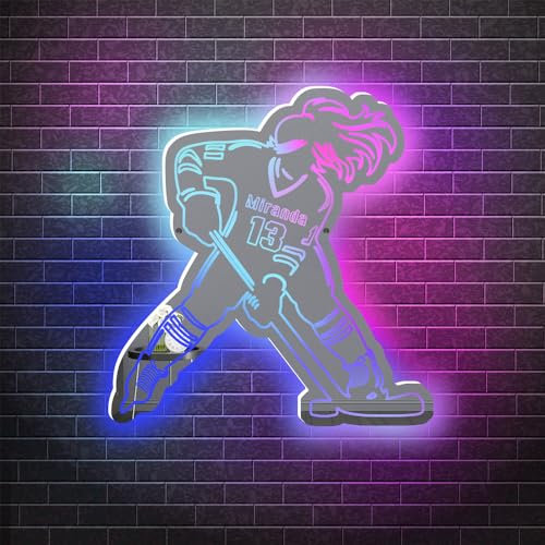MYZQIFF Personalisierte Frauen Hockey Spiegel Namensschild mit LED-Licht, benutzerdefinierte weibliche Hockey Spieler Wandkunst, kundenspezifische Hockey Neon Nachtlicht Lampe, Hockey Geschenke