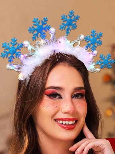 IYOU Flocon Neige Lumineux Serre Têtes Bleu Led Noël Bandeau de Cheveux Festival Cosplay Noel Accessoires de Cheveux pour Femmes