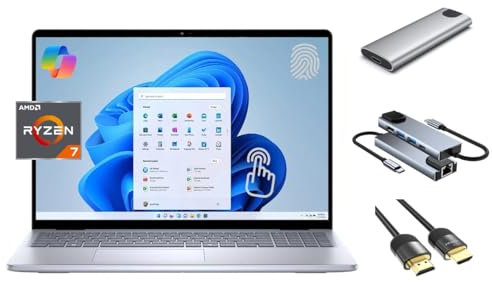 Dell Inspiron 16 Touch Copilot+ PC Laptop, 16 WUXGA, 8-Core AMD Ryzen 7 8840U (Beats Ultra 7 155U), 32GB RAM, 1TB SSD + 256GB Portable SSD, Backlit, FP Reader, 3-in-1 Bundle, US Version KB, Win 11