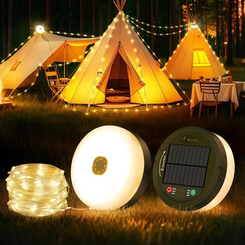 Famgoods Camping String Lights, 32.8Ft Solar & USB Retractable Camping Lights with 8 Lighting Modes, IP65 Waterproof Portable Camping Fairy String Lights for Outdoor, Tent, RV, Yard, Party,Warm White