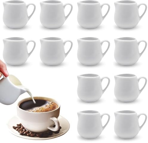 Foreverup 12 Pcs Small Milk Jug, 50ml White Ceramic Mini Milk Jug, Mini Creamer Jugs with Milk Spoon Anti-drip Spout Perfect for Coffee Tea Cream Sauce