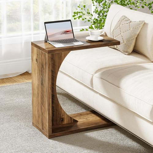 Tribesigns C-förmiger Beistelltisch 60×30×65 cm, Rustikaler Nachttisch aus Holz für Sofa, Kleiner Tisch für Wohnzimmer, Laptop-Arbeitstisch, Couchtisch, Braun
