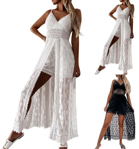 Générique Robe Longue Femme Ete Boheme Chic et Elegant Robe de Plage Dentelle Combinaison Sexy Col en V Ajouré Bretelles Spaghetti Dos Nu Legere Fluide