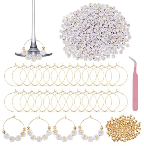 HOBBIESAY 56 Sets Wine Glass Charms Rings 600Pcs White Letter Beads 120Pcs Round Gold Beads 1Pc Tweezer Personalized Wine Glass Markers Kit for DIY Parties Weddings Events Accessories