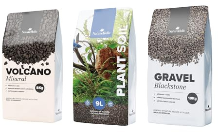 Aquarium Kies & Bodengrund Komplettset | Volcano Mineral, Plant Soil & Gravel Blackstone | Dreischichtig für stabile Wasserwerte, gesunde Pflanzen & schönes Layout | Für Aquarien 10-100+ Liter