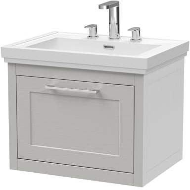 Balterley Vanity Unit with Basin Wall Hung, Single Drawer Soft Close with 3 Tap Hole Rectangular Sink and Handle, Bathroom Vanity Units, Traditional Sink Cabinet - 630 x 471 x 515mm (Grey)