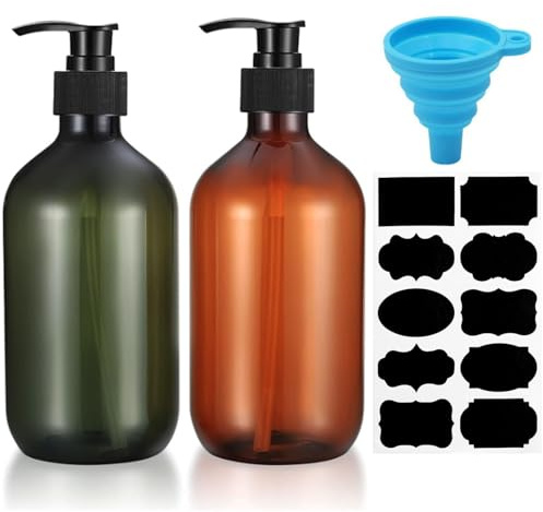 2 Package Shampoo Bottles With Pump, 500ml Brown Plastic shampoo bottles with pump, Kitchen And Bathroom Hand Soap Dispenser With Sticker Soft Rubber Funnel Reusable Amber Soap Dispenser (Brown&Green)