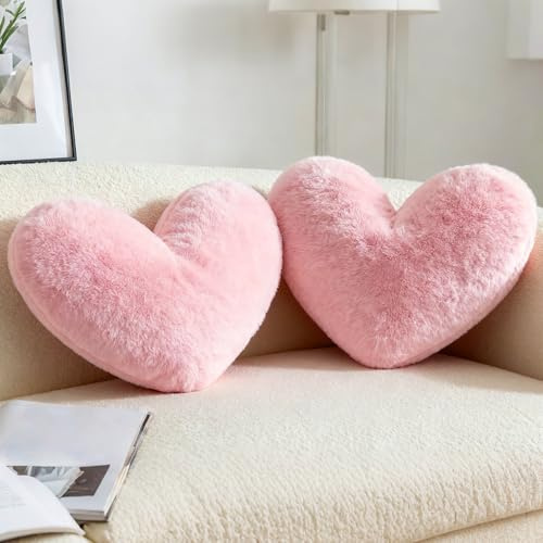 Rilcn 2 Pack Pink Heart Pillows, Soft Fluffy Decorative Cushions | 46 x 36 cm faux fur heart cushions with PP cotton filling; washable, cosy and cute for bed, sofa, chair or gifts