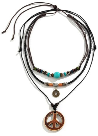 Peace Kette Hippie Schmuck, Mehrlagige Boho Kette Damen & Halskette Herren, Hippie Accessoires für Karnevalskostüme, Boho Style Halskette Damen & Männer, Hippie Kostüm Accessoires für 70er Mottoparty