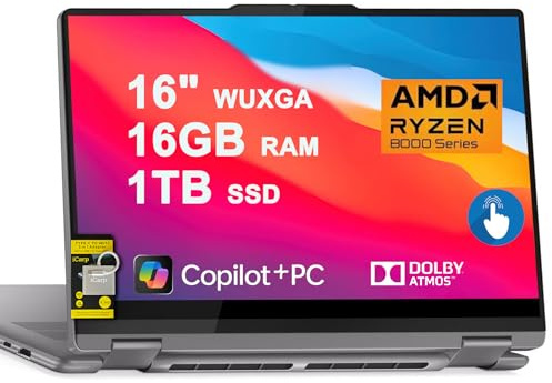 Lenovo Yoga 7 2-in-1 Laptop 16 WUXGA IPS Touch AMD 8-core Ryzen 7 8840HS (>i7-12700H) 16GB RAM 1TB SSD for Creator Designer Business Professional Win11 ICP Hub w/Copilot AI PC