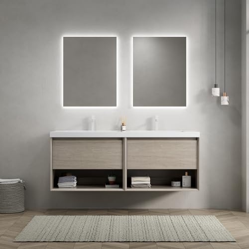 gonew21 Badezimmerschrank Waschtisch 140cm Wandmontage mit Doppel-Integralbecken aus Resin, 2 Soft-Close Schubladen & Regal, Vormontiert in Hell Eiche
