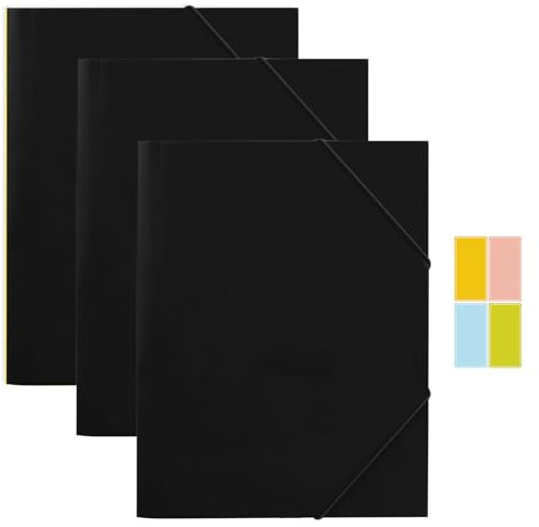 3 Stück Postmappe A4 Schule Schwarz, PP Sammelmappe mit Gummiband, Robust | Langlebig Eckspannermappe für Schule, Büro und Zuhause