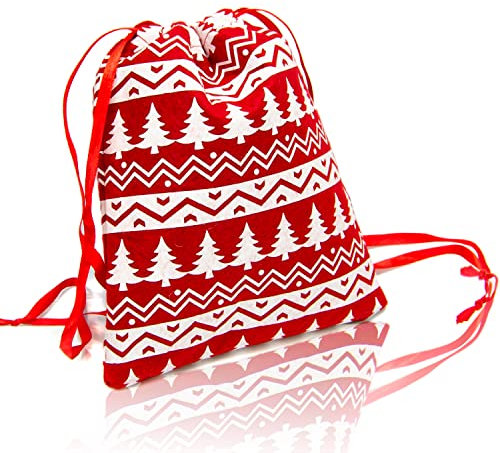 Geschenkebeutel Geschenksäckchen ca. 16 x 18,5 cm | Rote Filztasche mit Kordel | weißes Tannenmuster | Geschenktasche Weihnachten, Advent, Nikolaus