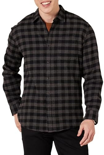 Amazon Essentials Men's Long-Sleeve Flannel Shirt (Available in Big & Tall), Charcoal Buffalo Plaid, XXL