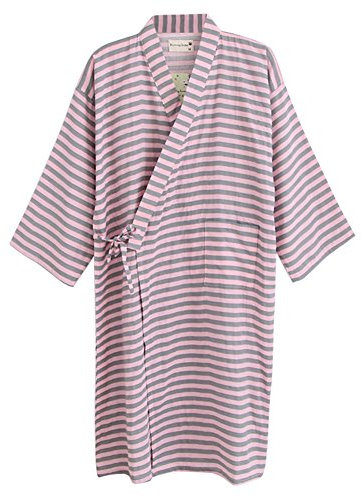 Unisxe Peignoir de Bain Kimono Japonais en Pur Coton Double Femme Homme Chemise de Nuit Lâche Ruban Poncho Plage Piscine Vêtement de Sauna Hydrothérapie Combinaison de Robe,Rose(rayure),L
