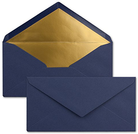 15 Brief-Umschläge DIN Lang - Dunkel-Blau/Nachtblau mit Gold-Metallic Innen-Futter - 110 x 220 mm - Nassklebung - festliche Kuverts für Weihnachten