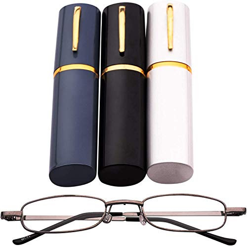 MT74 Pen Holder Grey Frame Compact Reading Glasses with Case with12 Lens Strength Variations Up to +3.75 (Grey Frame with Black Case, 3.0)