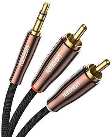 UGREEN Cable RCA a Jack 3.5, Cable RCA Audio Estéreo Algodón Trenzado, Chapado en Oro Conectores Jack 3,5mm Macho a 2RCA Compatible con Altavoces, Amplificador, TV, Barra de Sonido, PC, Móvil, 1Metros