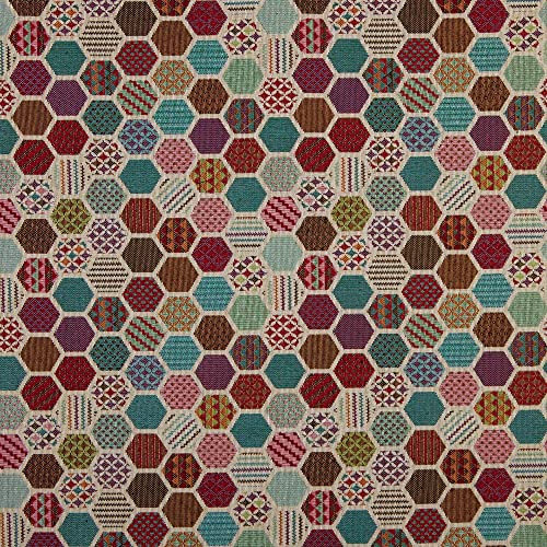 Kt KILOtela - Polsterstoff, Möbelstoff, Jacquard Gobelin, Dekostoff, Modische Accessoires, Tischdecke, Vorhang, Dekoartikel, 100 cm Länge x 280 cm Breite, Sechsecke, Mehrfarbig - 1 Meter