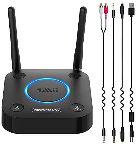 1Mii Trasmettitore Bluetooth 5.2 per TV a 2 Cuffie Bluetooth, Adattatore Audio Wireless TV con Controllo Volume, Ingresso Ottico, Coassiale, AUX, RCA, AptX Bassa Latenza, Lungo Raggio 60m