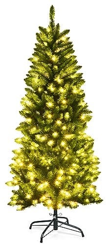 Incorporate COSTWAY Albero di Natale Slim 150/180/210 cm, con 150/250/350 Luci LED Incorporate, 300/743/995 Rami Folti e Base di Metallo, per Casa e Negozio (150cm)