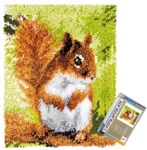 EMISTEM Knüpfhaken-Set, Geschenkverpackung, Häkelgarn, vorgedruckte Leinwand, unlackierte Häkelmatte, Garnstickerei, Teppich-Set, niedliches Eichhörnchen, 50 x 38 cm