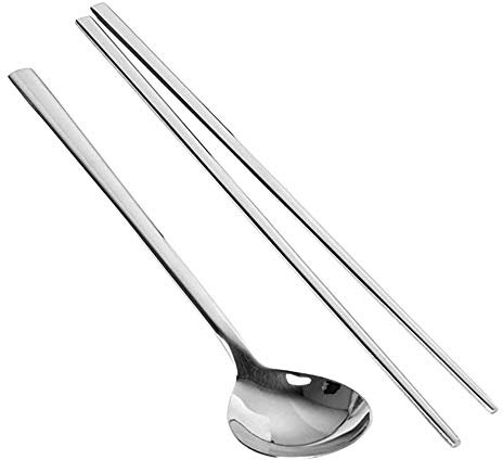 GARLIC PRESS 1Pcs Vajilla Coreano Juego de Cuchara con Mango Plano Sólido y Palillos Acero Inoxidable 304 para Restaurante Hogar Picnic Camping