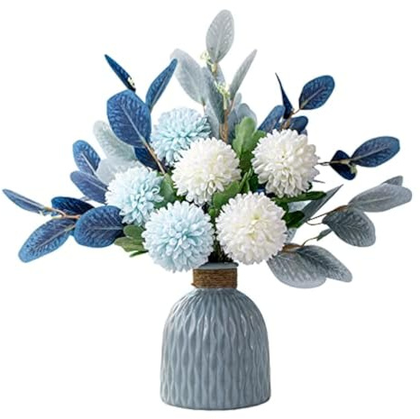 FTPRO Fleurs et vases artificiels, Hortensia Artificiel avec Bouquet d'eucalyptus, Table de Salle à Manger réaliste, décoration de Salon (Bleu)