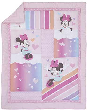 Disney Minnie Mouse Be Happy Pink, Lavender, Aqua & Orange 3Piece Crib Bedding Set - Comforter, Fitted Crib Sheet & Bed Skirt, Pink, Lavender, Aqua, Orange