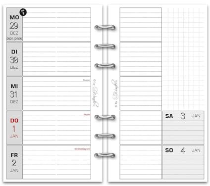 SinnWunder® Premium Kalendereinlagen 2026 - Wochen-Kalender - 1 Woche 2 Seiten - Größe Personal - Filofax-Lochung