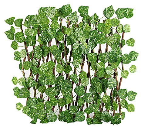 MISNODE Künstlicher Zaun mit Blättern, erweiterbarer Gitterzaun, dehnbarer Sichtschutz, Simulationszaun, Gartenzaun, 40 cm, für den Außenbereich, Garten, Hof, kleine Traubenblätter