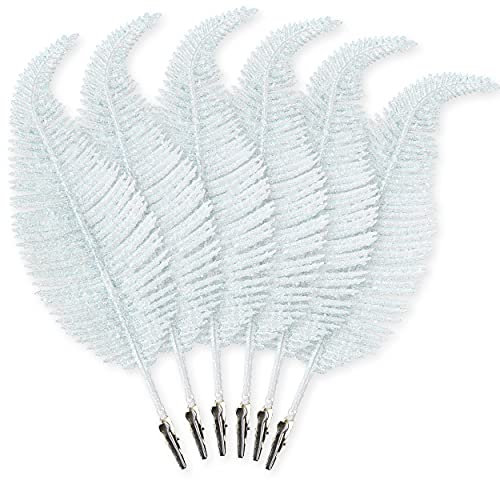 Pack of 6 Christmas Glitter Feathers – Silver, White or Gold, 22cm, Clip on Feather Decorations, Christmas Tree Baubles, Glittery Ornaments, Xmas Home Décor (White)